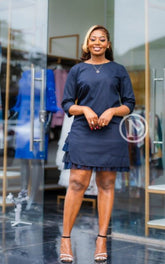 Elegant navy blue shift dress with ruffles